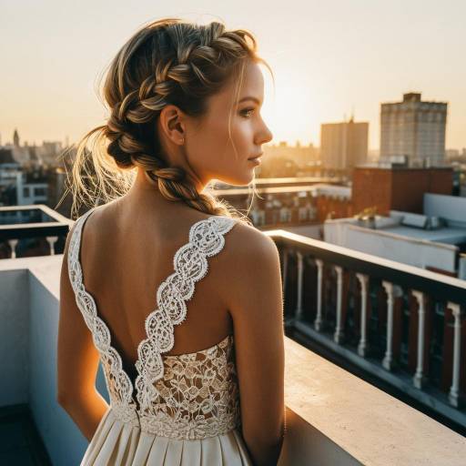 Young Woman with Lace Braid on Rooftop at Sunset