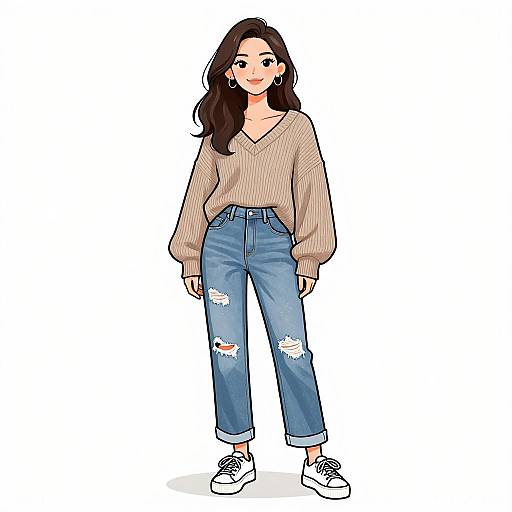 Digital illustration of a young woman with long brown hair, wearing a beige V-neck sweater, blue ripped jeans, and white sneakers.