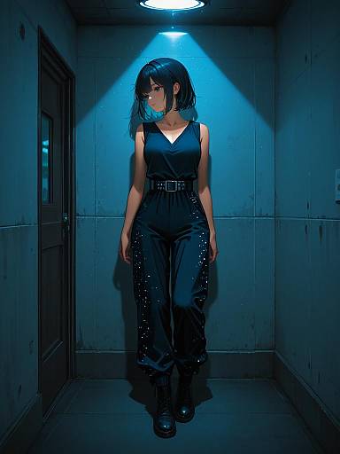 Stylish Anime Woman in Geometric Jumpsuit