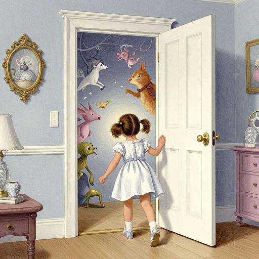 A young girl in a white dress stands in a doorway, facing whimsical fairy-tale creatures on a magical mural, in a cozy, vintage-style
