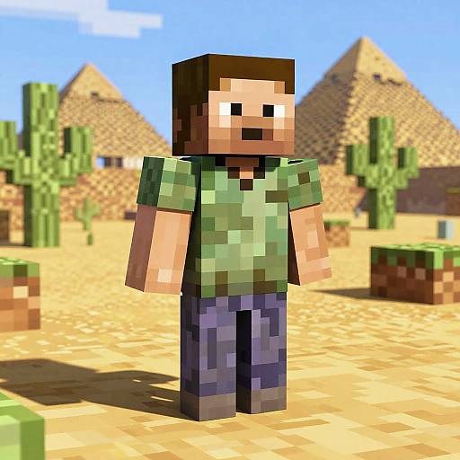 Pixel art of a blocky, brown-haired man in green shirt and blue pants standing in a desert with cacti and pyramids.