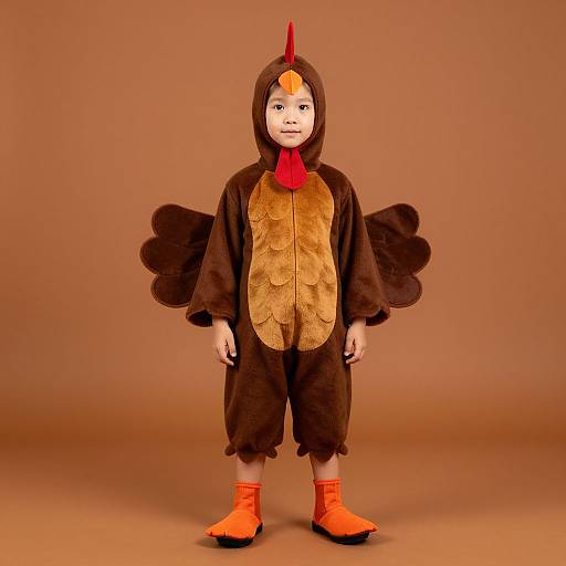 Photograph of an Asian boy in a brown turkey costume with red headpiece, orange feet, and black feathered wings, standing against a plain brown