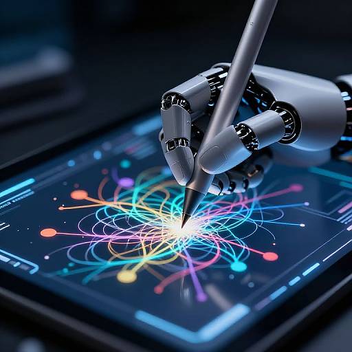 Photograph of a robotic hand with a pen drawing colorful, glowing, interconnected lines on a high-tech, dark screen interface.