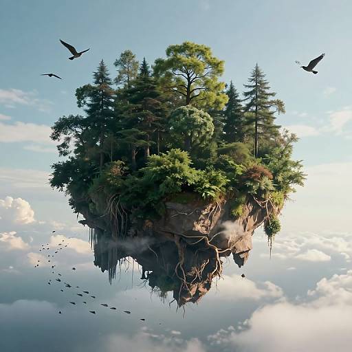 Digital art of a floating island with dense, green forest, tall pine trees, and hanging roots, set against a bright blue sky with birds flying.