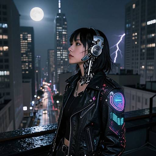 Cyberpunk woman with black hair, neon headphones, and glowing jacket stands on a wet rooftop at night, city lights and full moon in background.