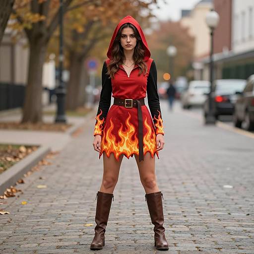 Young Woman in Flame Sorceress Costume on Autumn Street