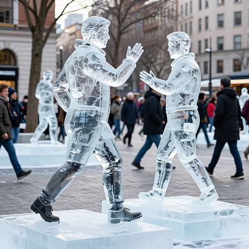 Photograph of two glowing, transparent ice sculptures of men in winter clothes, shaking hands, with blurred pedestrians and urban buildings in the background.