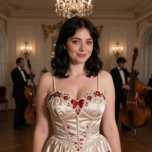 Photograph of a fair-skinned woman with dark wavy hair in a satin, red-embroidered, low-cut ball gown, standing in