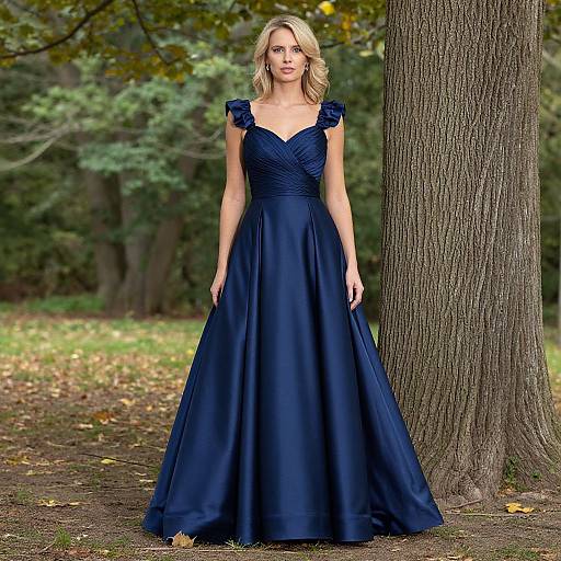 Photograph of a blonde woman in a navy blue, floor-length, satin gown with floral shoulder accents, standing in a forest.