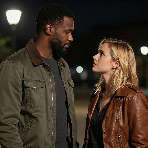 Serious Conversation Between Man and Woman Outdoors at Night