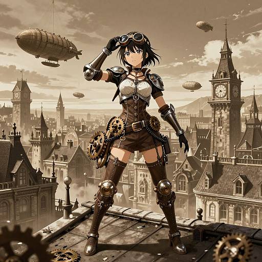 Digital anime-style drawing of a steampunk girl with black hair and goggles, standing on a rooftop, looking up at airships. Cityscape with