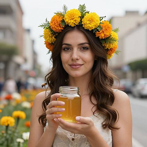 Photograph of a smiling young woman with wavy brown hair, wearing a yellow-orange flower crown, holding a glass of beer, standing in a sunny