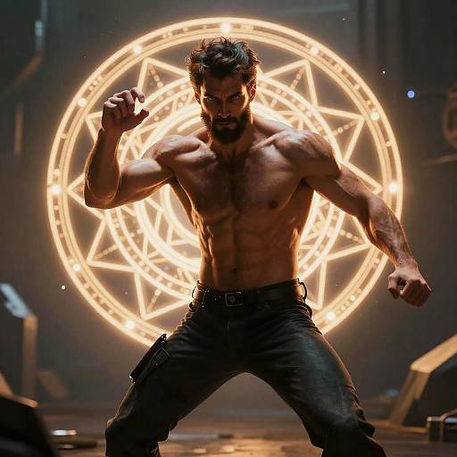 Muscular, shirtless man with dark beard and wavy hair, wearing black pants, stands in front of glowing, circular, star-shaped magical sig