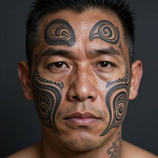Close-up photograph of a serious Asian man with short black hair, intricate black tribal tattoos on forehead, cheeks, and neck, against a dark background.