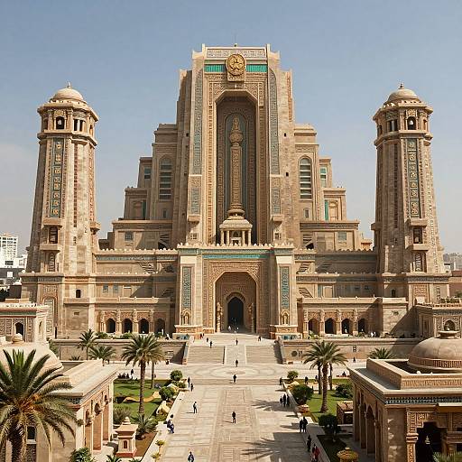 Photograph of a grand, beige, Moorish-style palace with two tall towers, intricate blue and gold detailing, and a central archway, set