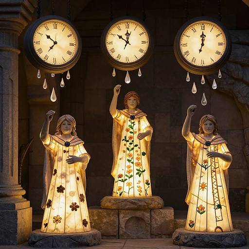 Photograph of three illuminated, flower-patterned statues with raised arms, standing between three glowing clock faces with dripping water effects.