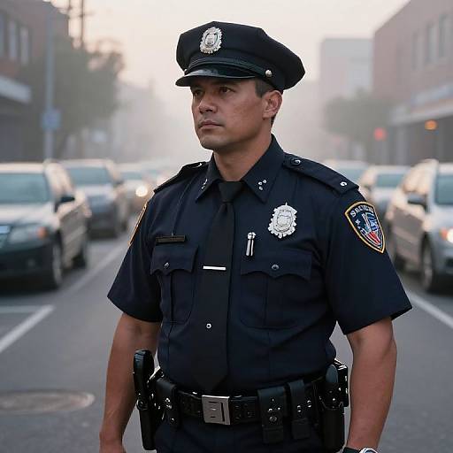Photograph of a serious male police officer in a dark blue uniform standing on a city street, cars in the background, early evening light.