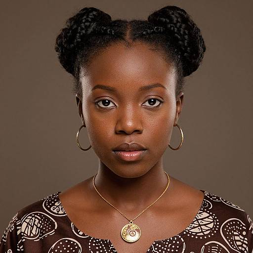 Photograph of a beautiful African woman with dark skin, black hair in double buns, wearing large hoop earrings and a patterned brown dress with a