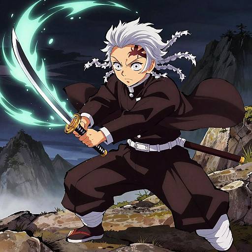 Anime-style digital drawing of a white-haired, scarred boy in black ninja attire, wielding a glowing blue sword, poised for battle against a dark,