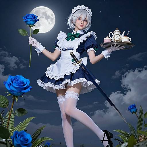 Digital illustration of a silver-haired maid in black and white uniform, holding a rose and tray under a moonlit sky, surrounded by blue roses and fern