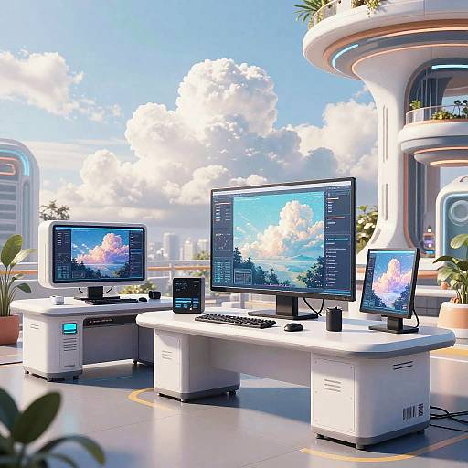 Modern, futuristic office with three large monitors displaying a cloud-themed desktop background, surrounded by sleek white desks, potted plants, and large windows under a