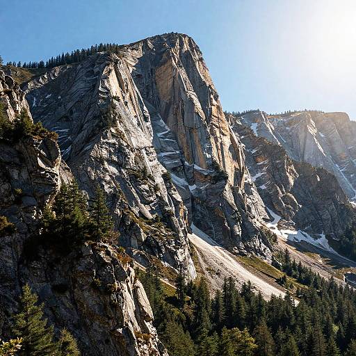 Photograph of a sunlit, rugged mountain peak with snow patches, dark rocky cliffs, and a dense forest of evergreen trees at the base.