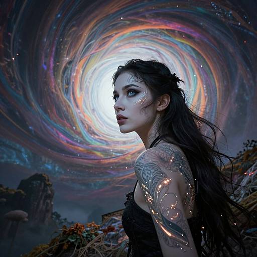 Photorealistic digital art of a tattooed woman with long black hair, glowing face, and ethereal swirls in a cosmic background.
