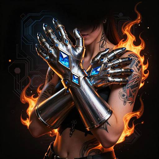 Photorealistic digital artwork of a tattooed woman with metallic, blue-accented robotic hands, surrounded by vivid orange flames against a dark, circuit