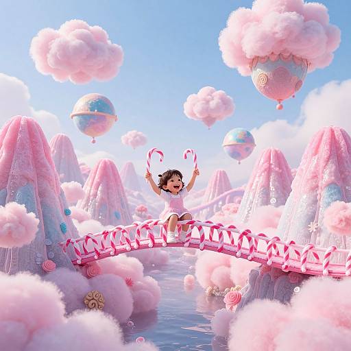 Digital art: Joyful girl with black hair and white dress jumps on pink bridge, surrounded by pink clouds, candy canes, and floating pastel