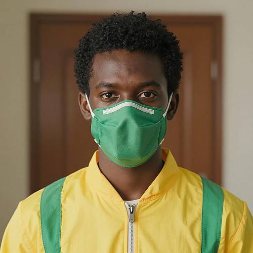 Young Man in Crayon Box Costume with Green Mask