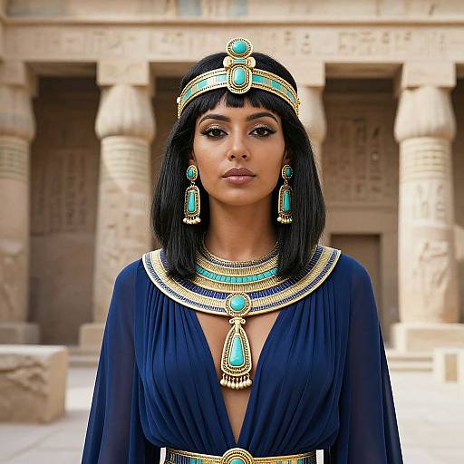 Photograph of a young woman with dark bob haircut, wearing an Egyptian-inspired blue robe, turquoise and gold jewelry, standing in front of ancient stone architecture
