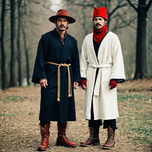 Two Men in Traditional Robes and Hats Outdoors
