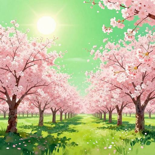 Digital painting of a sunlit cherry blossom grove with pink flowers, green grass, and vibrant blue-green sky, creating a serene, springtime atmosphere