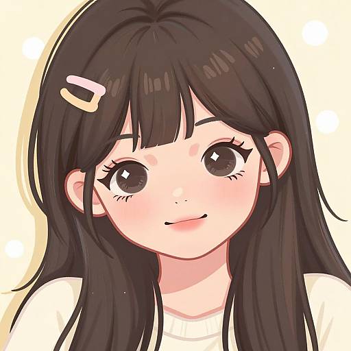 Anime-style digital drawing of a cute young girl with long black hair, brown eyes, a small smile, and a white hair clip.