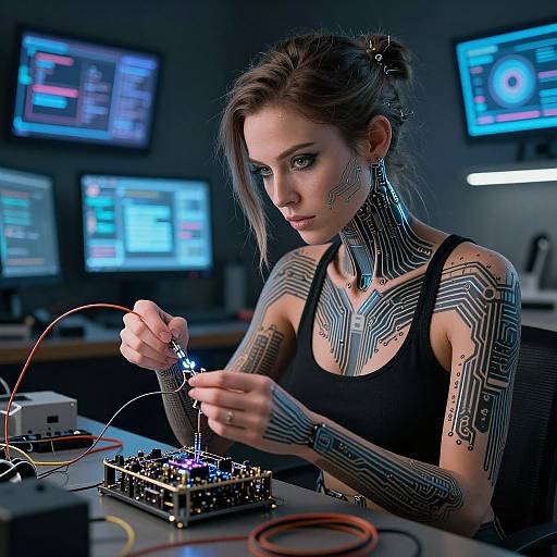 Photorealistic CGI of a tattooed woman with cybernetic neck extensions, working on a circuit board in a dimly lit, tech-filled room