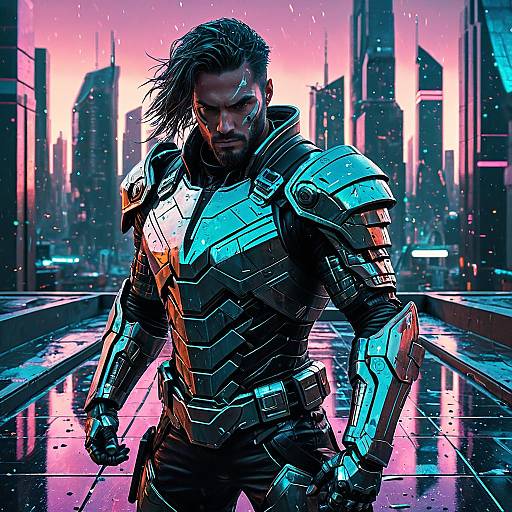 Futuristic Male Android Warrior on Rooftop