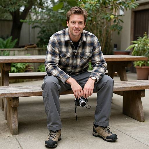 Photograph of a smiling man with short brown hair, wearing a plaid shirt, gray pants, and brown boots, sitting on a wooden bench,