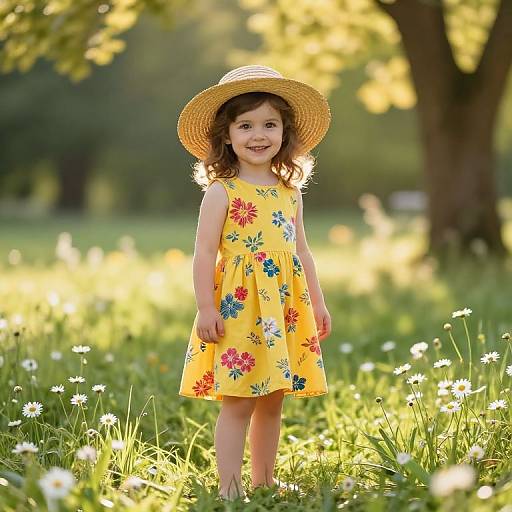 Photograph of a smiling young girl in a yellow floral dress and straw hat, standing in a sunlit meadow with daisies.