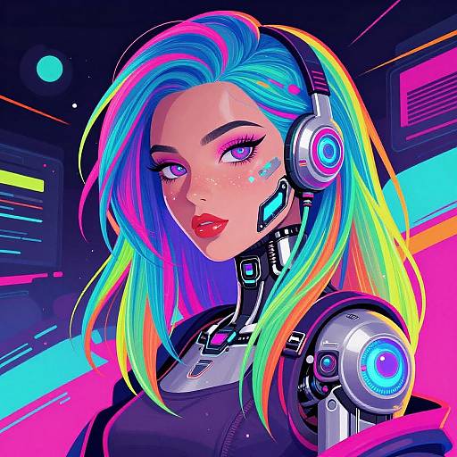 Digital art of a futuristic woman with vibrant rainbow hair, cybernetic enhancements, glowing headphones, neon background, and intense purple eyes.