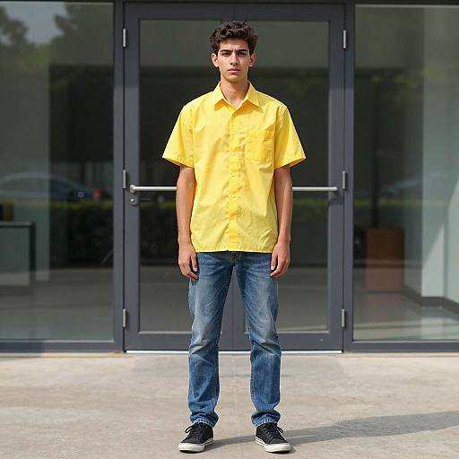 Young Man in Yellow Shirt Standing Outdoors