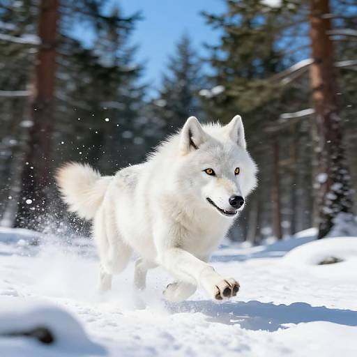Photograph of a white wolf sprinting through a snowy forest, with snowflakes flying around, tall pine trees in the background, and a bright