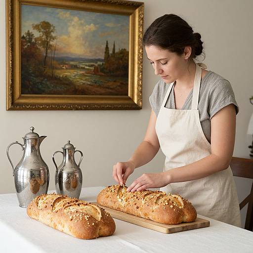 Photograph of a dark-haired woman in a white apron, shaping homemade bread on a wooden board, with two silver pitchers on a white table,