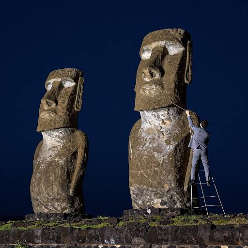 Man Interacting with Moai Statues at Night
