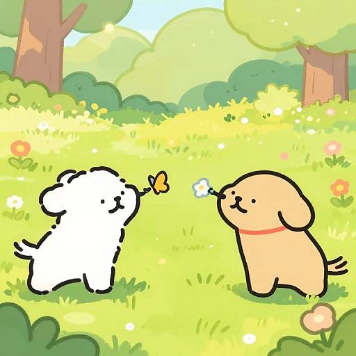 Cartoon-style drawing of two cute, simple dogs—one white, one beige—playing in a sunny, colorful meadow with trees and flowers. The