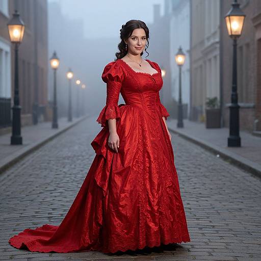 Photograph of a fair-skinned woman with dark curly hair in a red, Victorian-style, lace-trimmed ball gown standing on a foggy