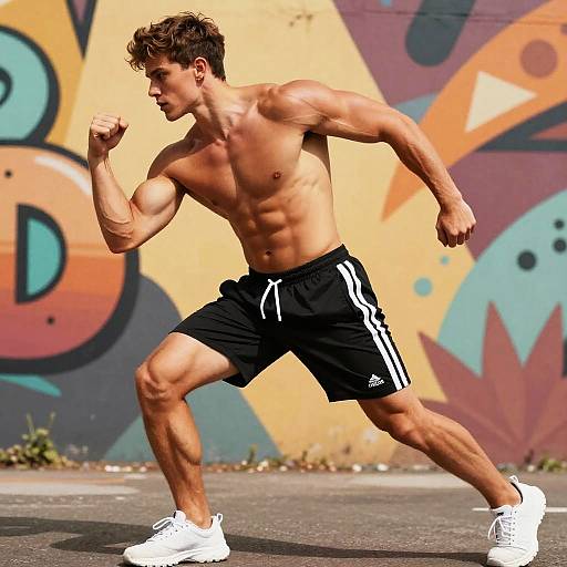 Photograph of a muscular, shirtless, young man with light skin, brown hair, running in black shorts and white sneakers, against a colorful graffiti