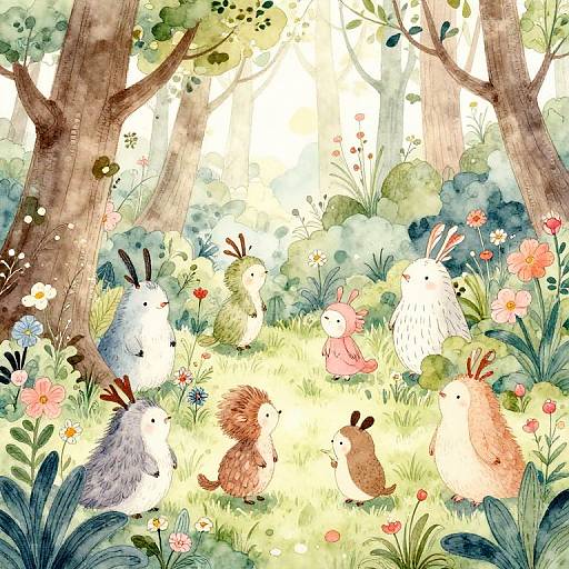 Whimsical watercolor illustration of fluffy, colorful forest animals—rabbits, hedgehogs, bird—surrounded by vibrant flowers and tall trees