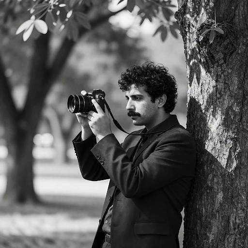 Focused Photographer Among Dappled Trees