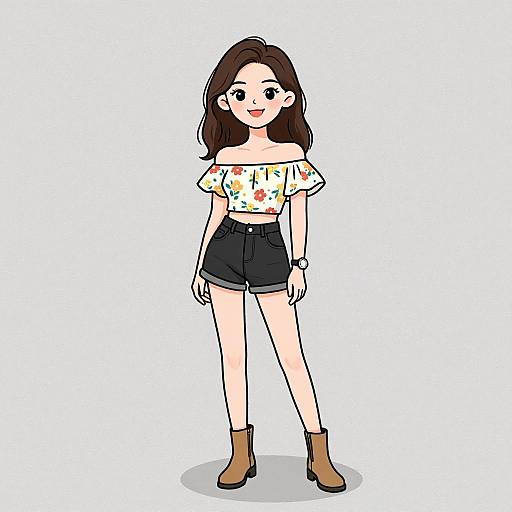 Digital drawing of a cute, young woman with long brown hair, wearing a floral off-shoulder top, black high-waist shorts, and