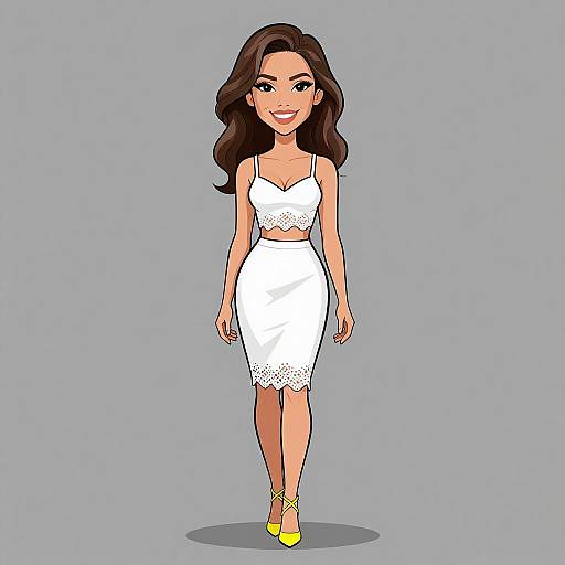Digital illustration of a smiling woman with long brown hair, wearing a white lace-trimmed crop top and high-waisted skirt, yellow heels,